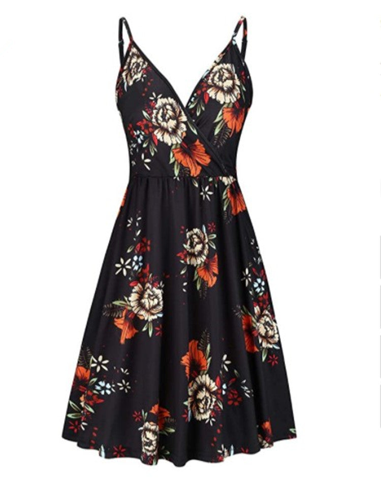 Women's V-neck Printed Pleated Suspender Casual Large Swing Pockets Dresses