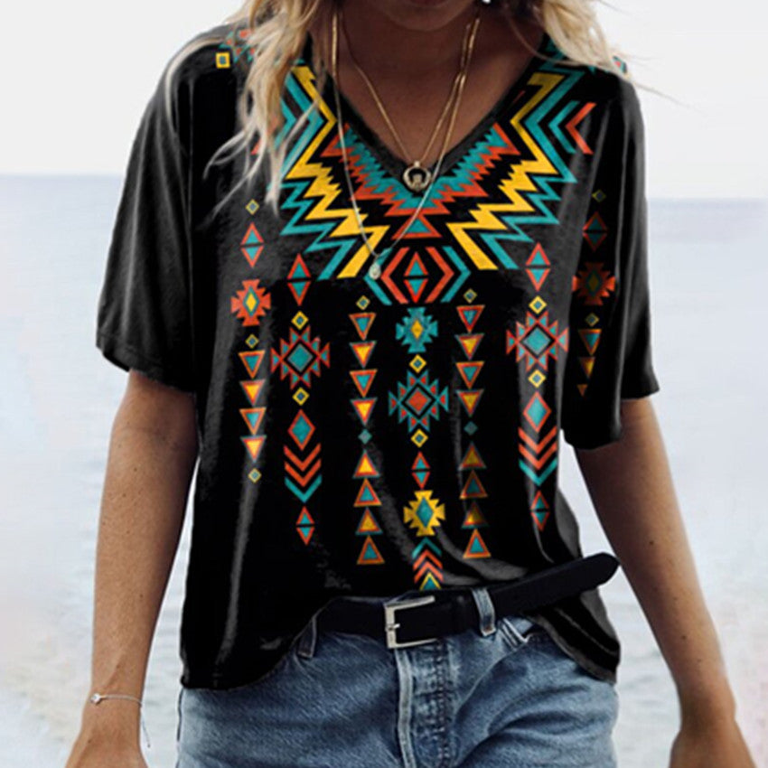 Women's Vintage Printed Geometric Pattern V-neck Sleeve Tops