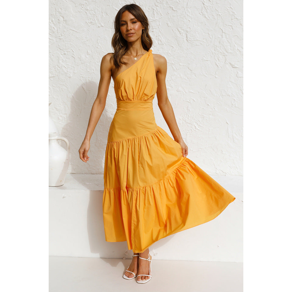 One-shoulder Knotted Solid Color Fresh Long Dresses