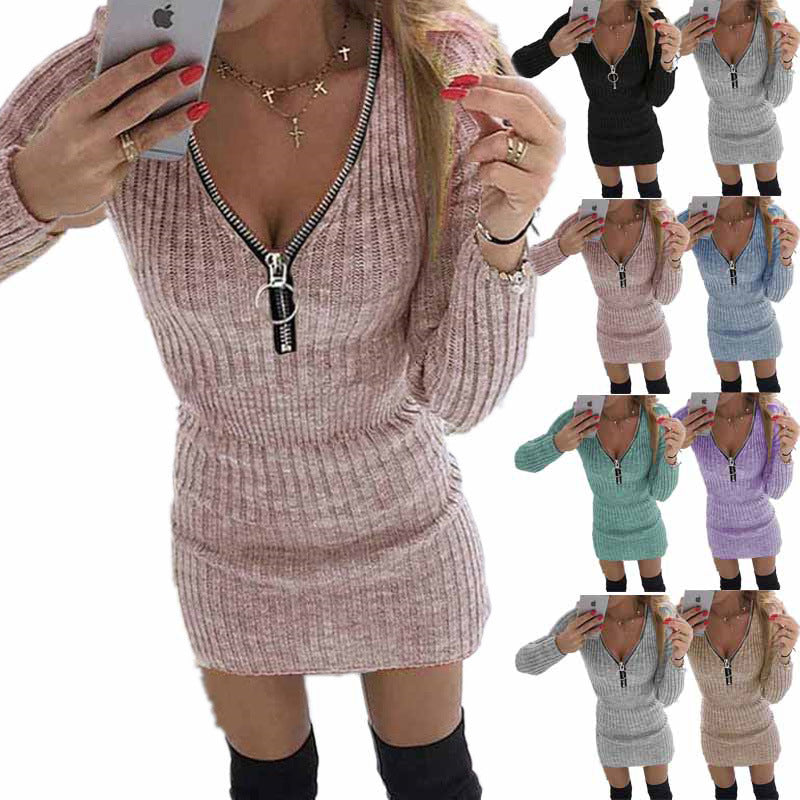 Women's Zipper Waist-controlled Long Sleeves Knitted Dress Dresses