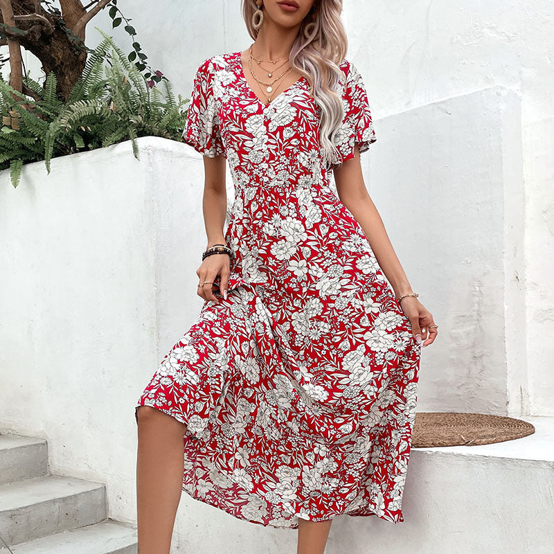 Women's Summer Wear Red Printed Elegant Dresses