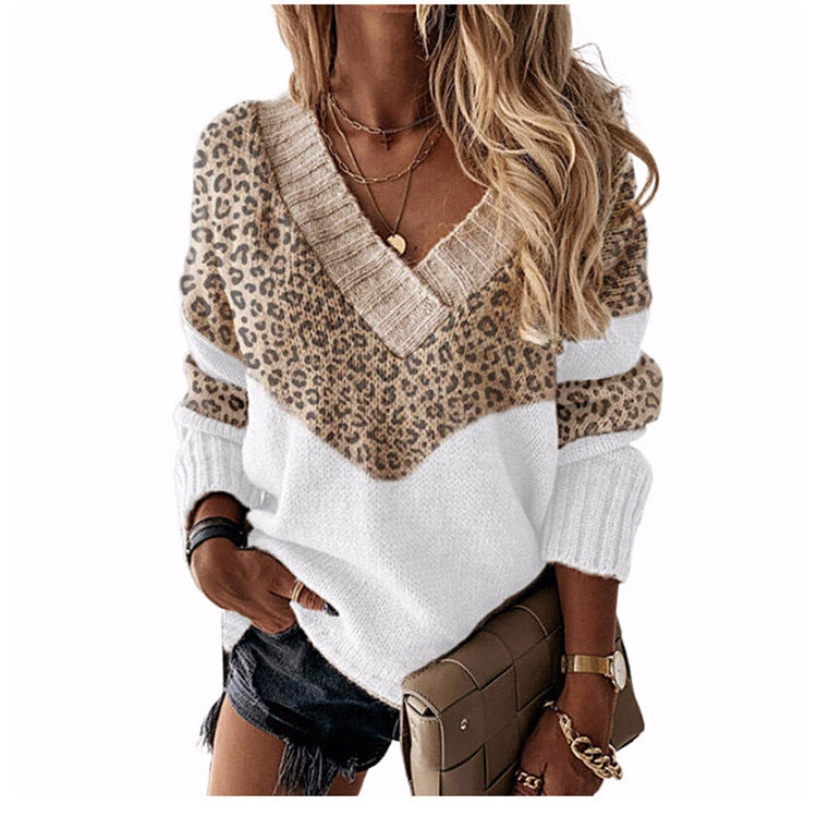 Mixed Color Stripe Leopard Print Pullover Sweaters