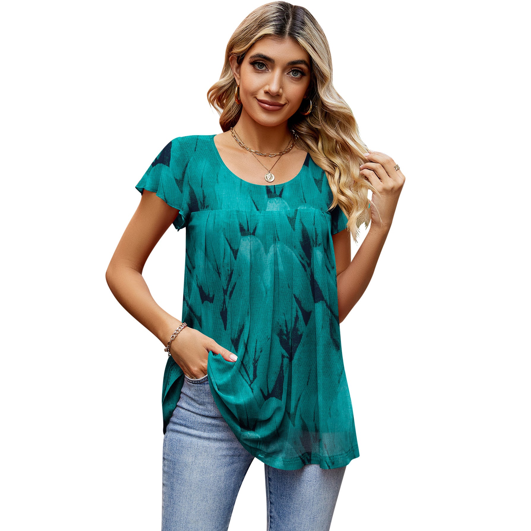 Women's Summer Mesh Loose Pleated Printed Elegant Blouses