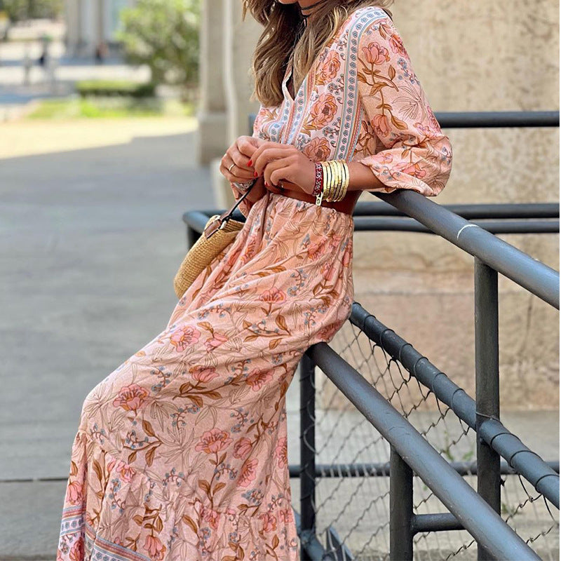 Women's Autumn Casual Temperament Bohemian Midi Printed Dresses