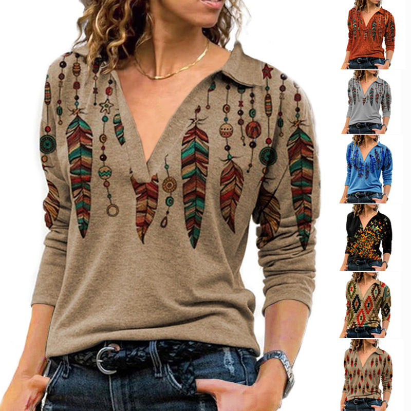 Women's Vintage Printed Lapel Long Sleeve T-shirt Blouses