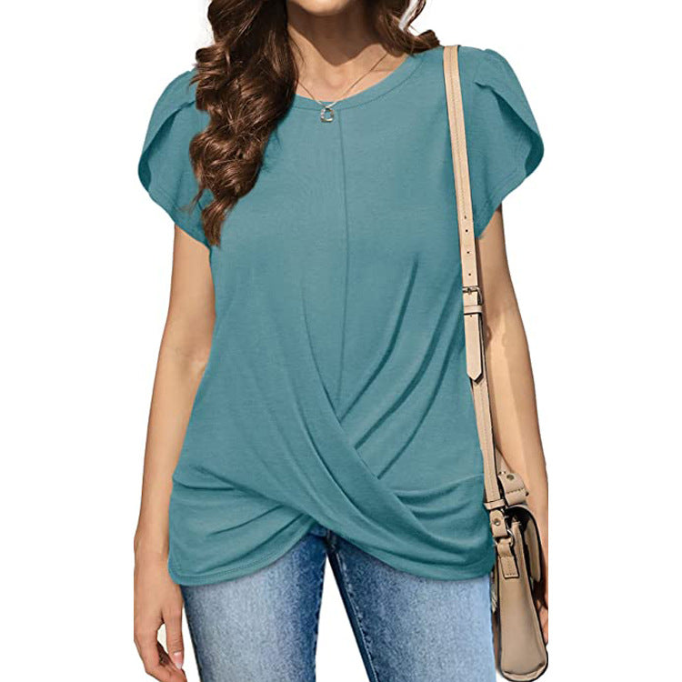 Women's Round Neck Solid Color Twist Sleeve Shorts