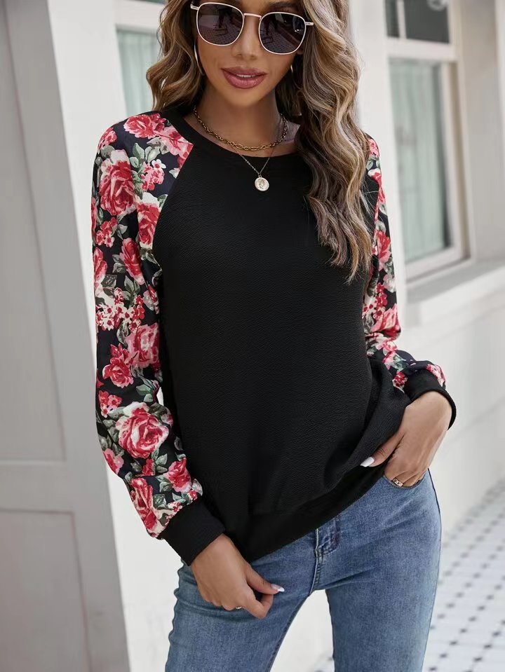 Women's Print Stitching Fashion Versatile Casual Round Sweaters