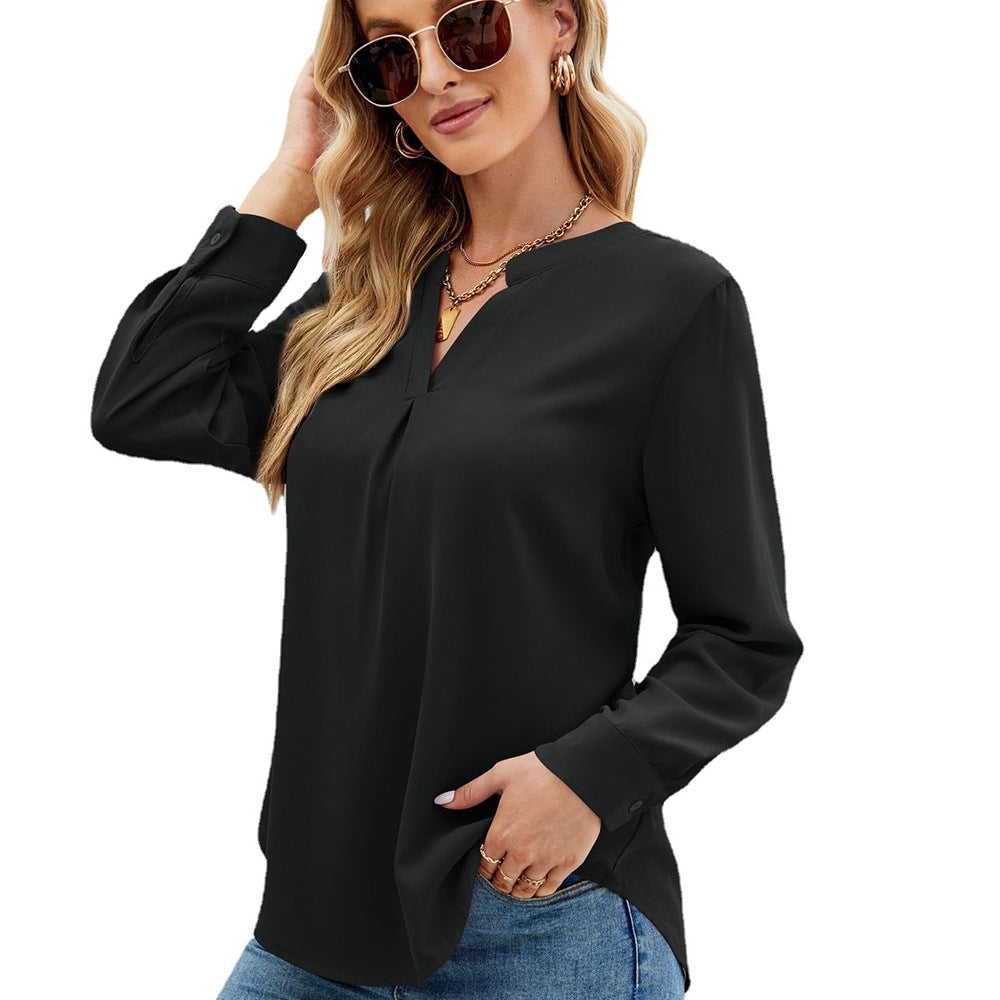 Women's Color Chiffon Shirt Loose V-neck Pullover Long Blouses