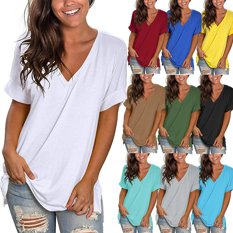 Women's Summer V-neck Solid Color Short-sleeved Loose Wear Blouses