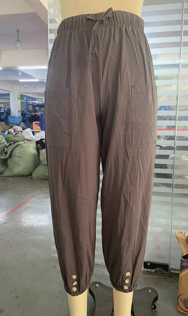 Lose Damen-Hose aus Leinen mit hoher Taille und Knöpfen