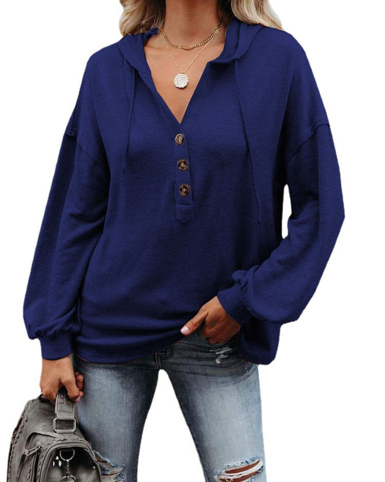Women's V-neck Long Sleeve Loose-fitting Casual Buckle Drawstring Sweaters