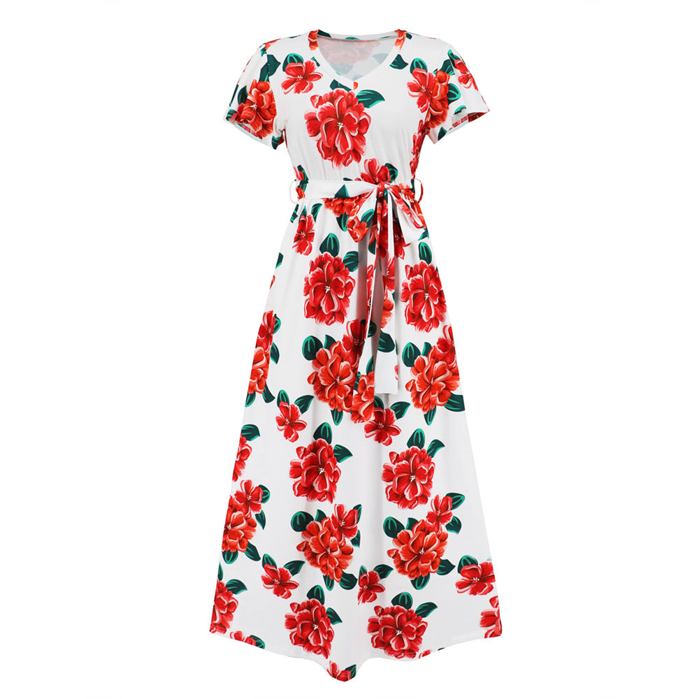 Women's Slim-fit Temperament Short-sleeved V-neck Rose Print Dresses