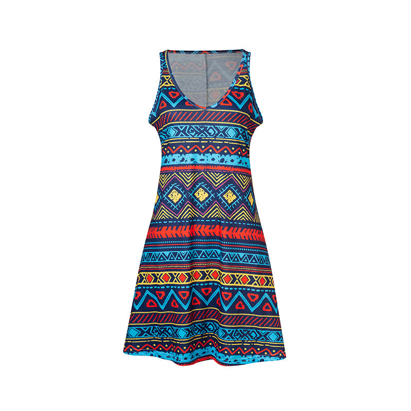 Popular Collar Print Sleeveless Pocket Knee-length Dresses