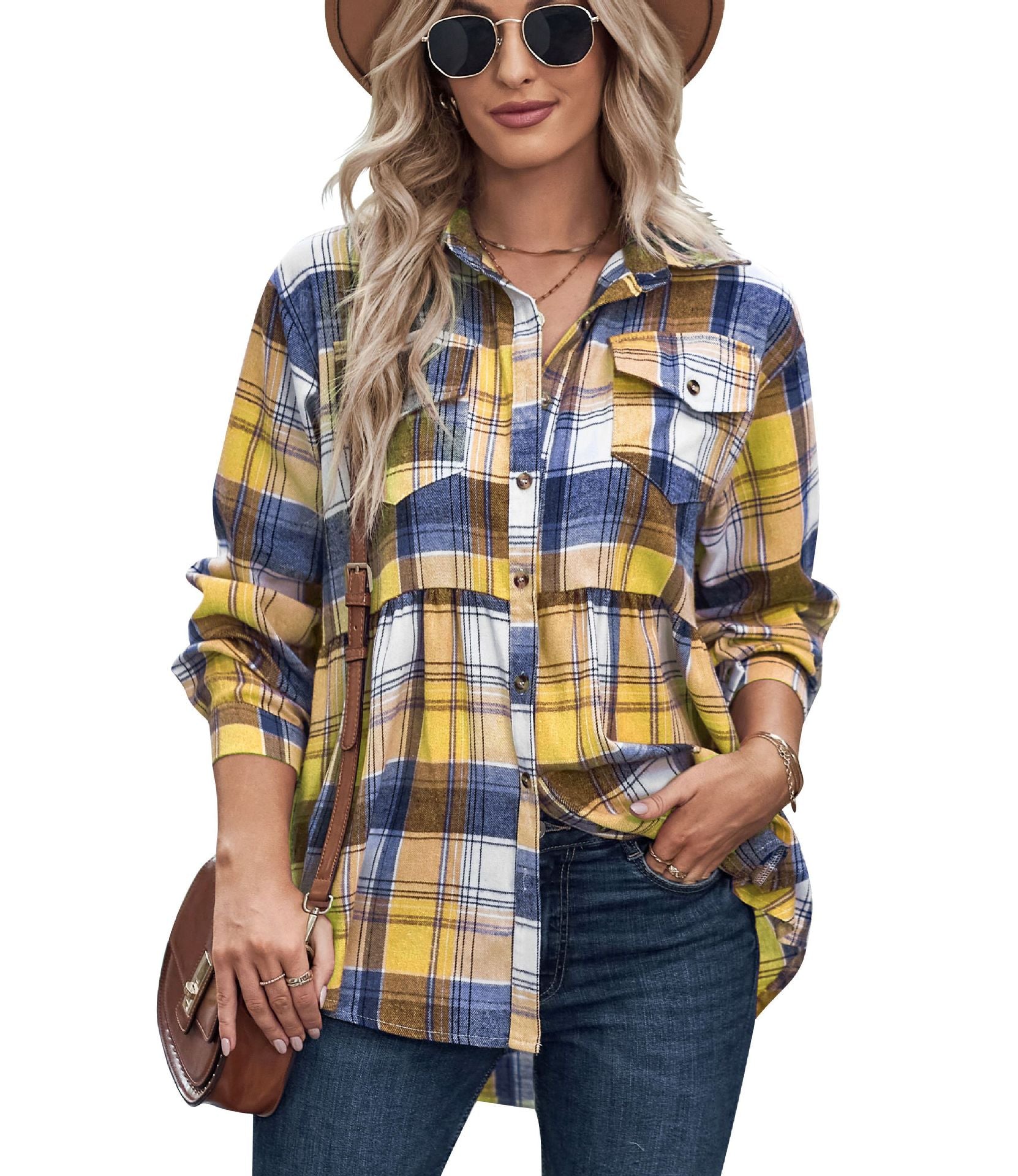 Women's Lapel Long Sleeve Pocket Casual Plaid Blouses