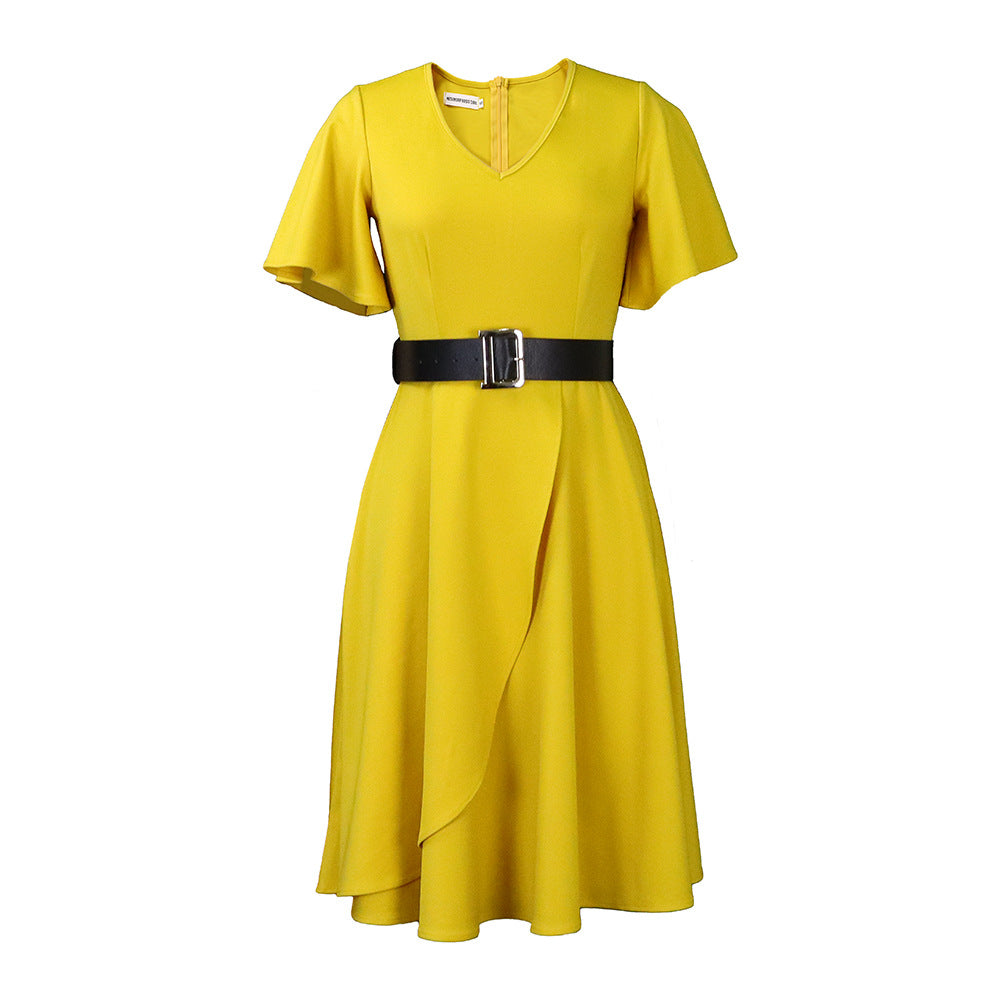 Women's Belt Summer Flared Sleeves Solid Color Dresses