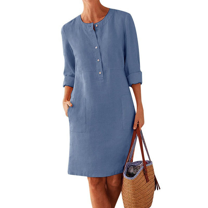 Women's Charming Spring Linen Round-neck Long-sleeved Dresses