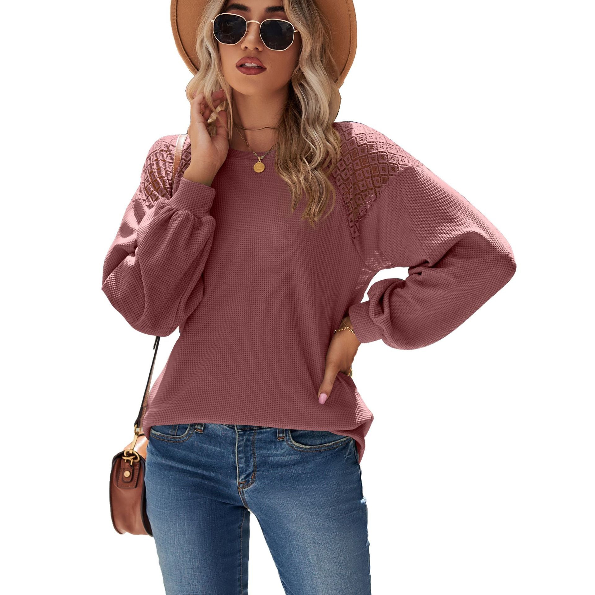 Women's Long Sleeve Lace Patchwork Round Neck Loose-fitting Blouses