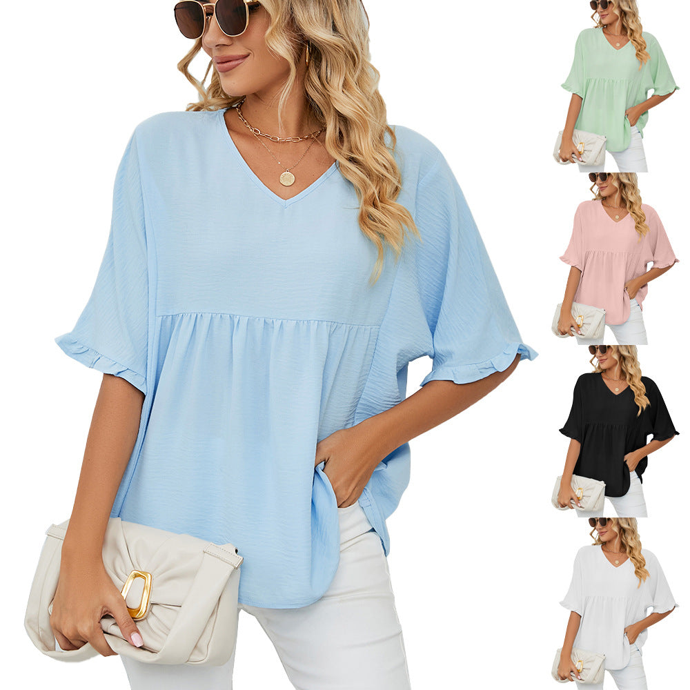 Women's Color V-neck Loose Pleated Stitching Half Blouses