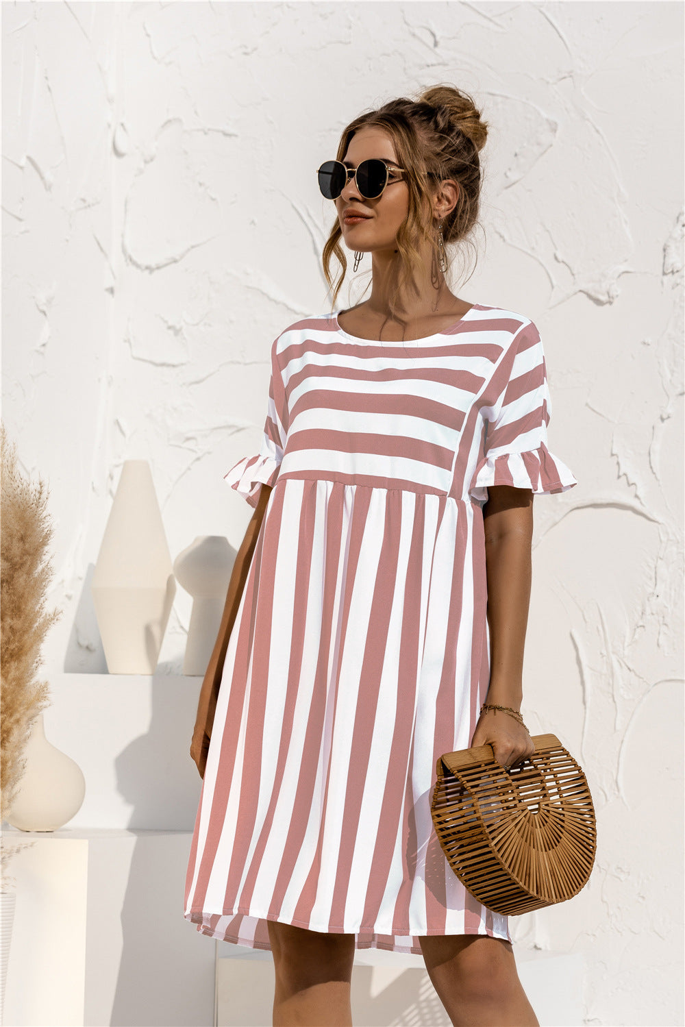 Women's Sleeves Striped Stitching Color Pocket Loose Dresses