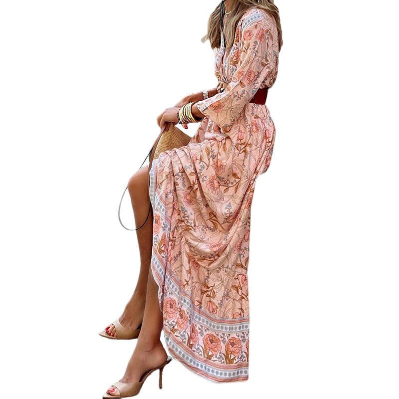 Women's Autumn Casual Temperament Bohemian Midi Printed Dresses