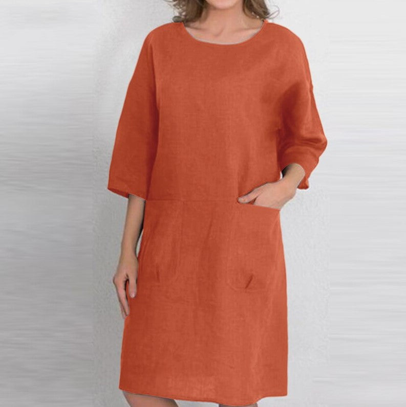 Robes couleur pour femmes, col rond, pull, poches, demi-manches, longueur aux genoux