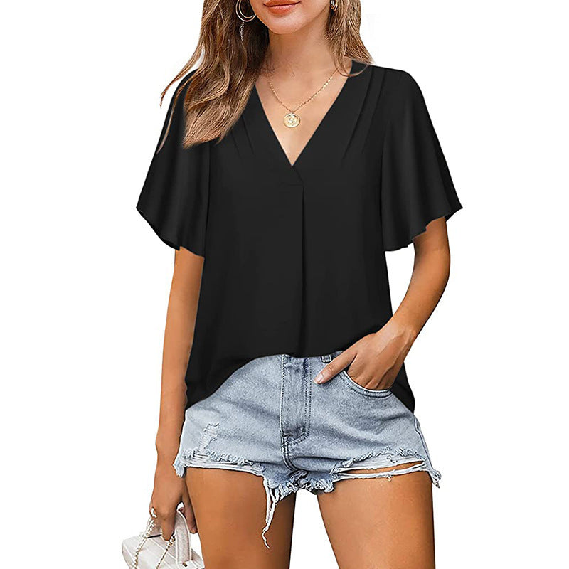 Women's Summer V-neck Pleated Loose Sleeve For Blouses