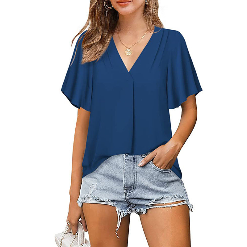 Women's Summer V-neck Pleated Loose Sleeve For Blouses