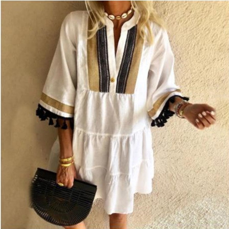 Autumn Cute Temperament Printed Tassel V-neck Dresses