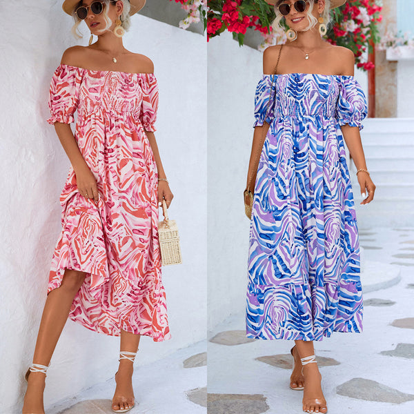 Women's Popular Elegant Off-shoulder Smocking Printed Dresses