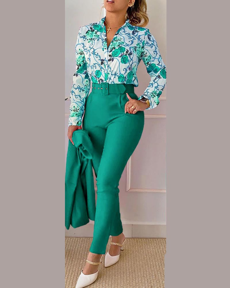 Women's Autumn Long-sleeved Lapel Print Shirt Solid Pants