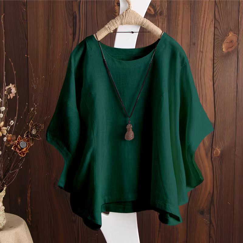 Women's Short-sleeved Loose Solid Color Batwing Sleeve Summer Round Blouses