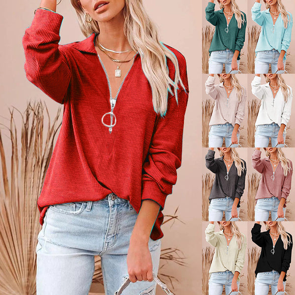 Women's Color Loose Zip V-neck Long Sleeve Blouses