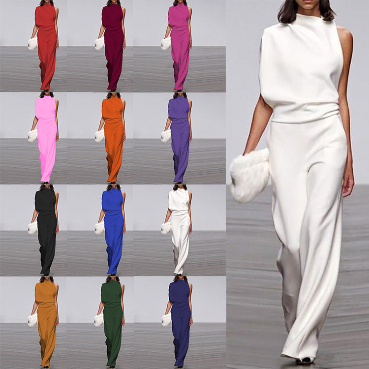 Women's Solid Color One-shoulder Collar Dress Trousers Pants