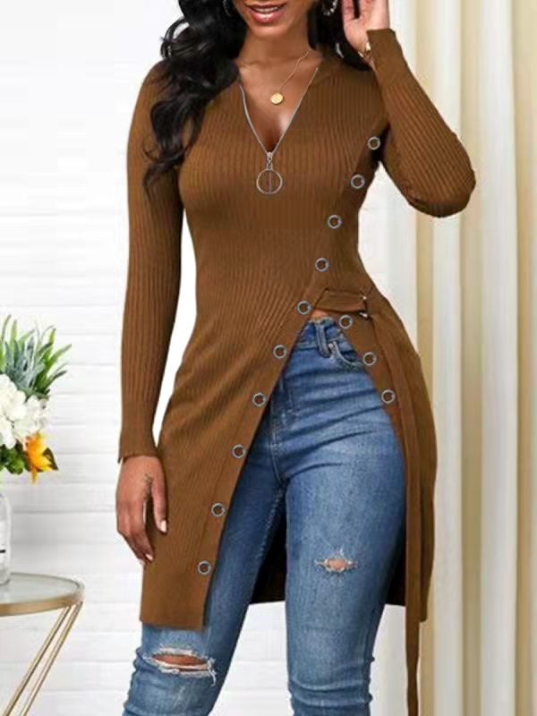 Women's V-neck Long Sleeve High Zipper T-shirt Blouses