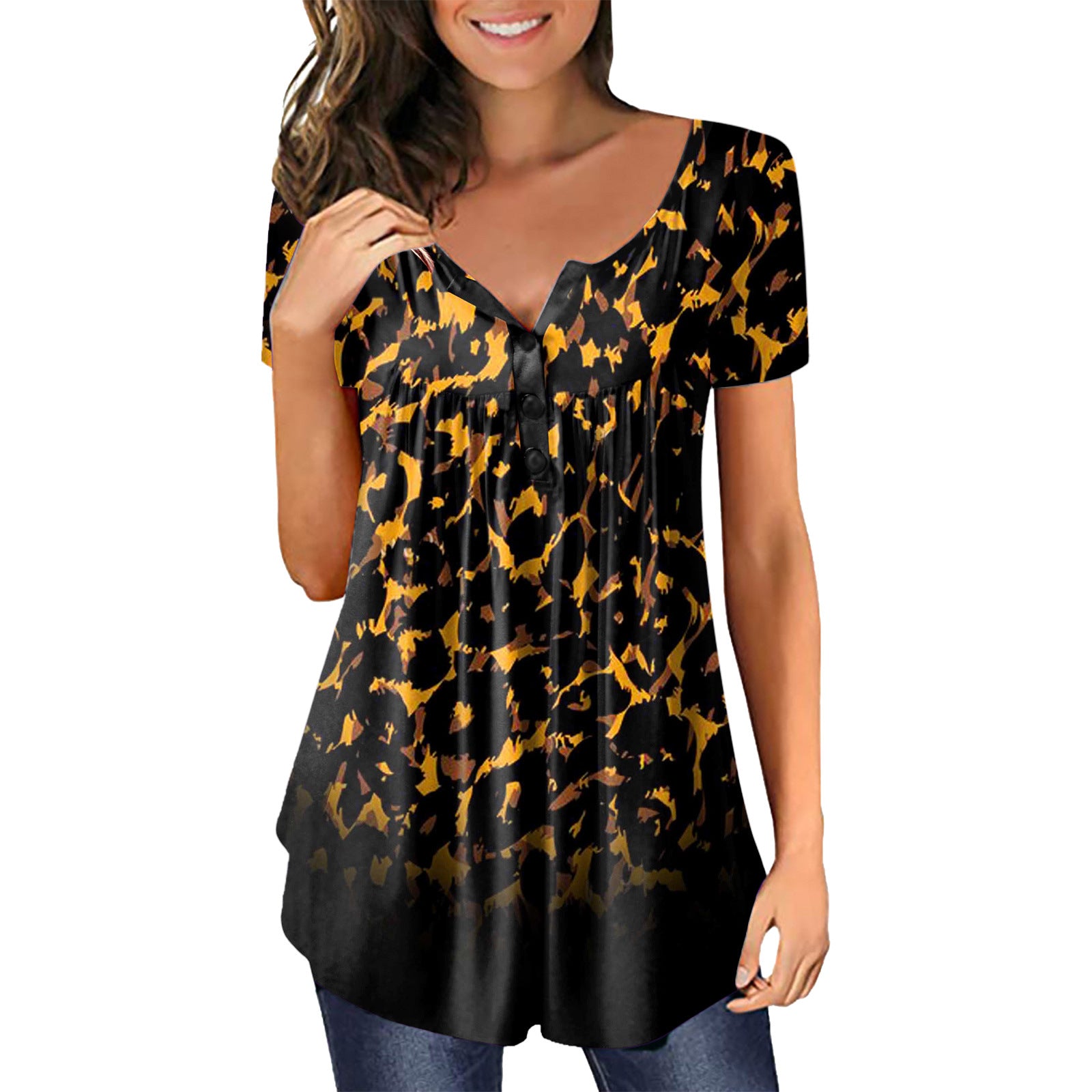 Women's Sleeve Printed Pleating Button Loose V-neck Blouses