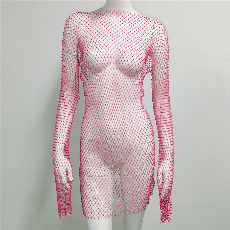 Women's Dress Rhinestone Fishnet Sexy Hot Long Sleeve Hollow Dresses