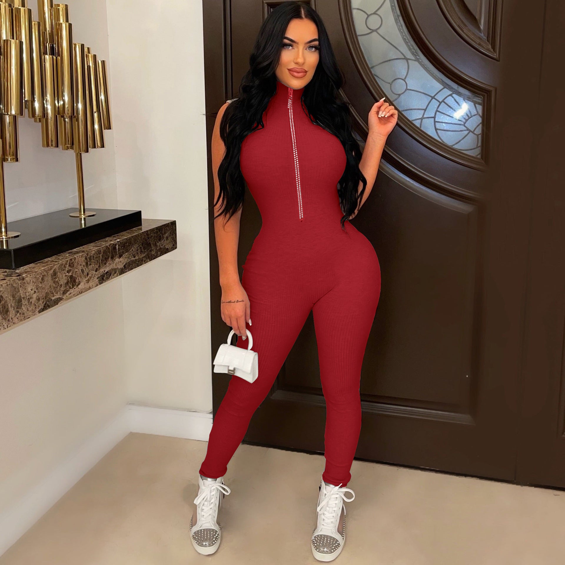 Women's Weimeizi Wear Solid Color Brick Zipper Jumpsuits