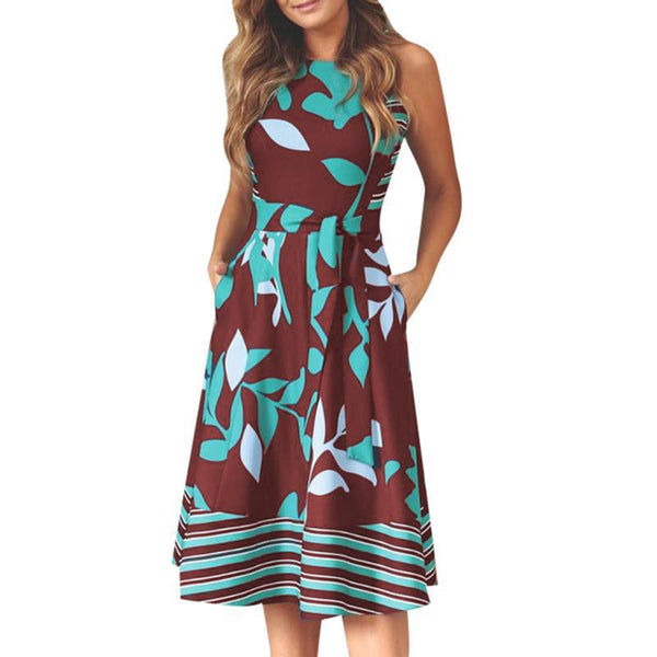 Round Neck Sleeveless Printed Midi Dress Dresses