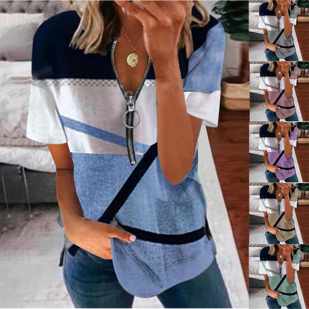 Women's Summer Zipper Print Loose Sleeve Blouses