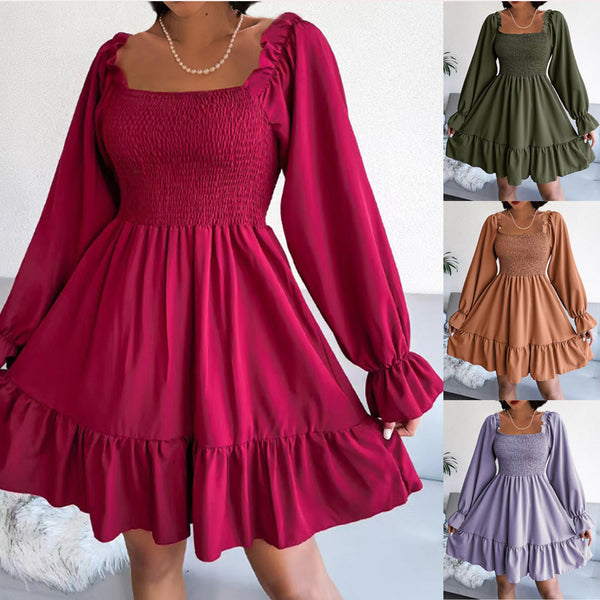 Women's Square Collar Flared Long Sleeve Ruffled Dresses