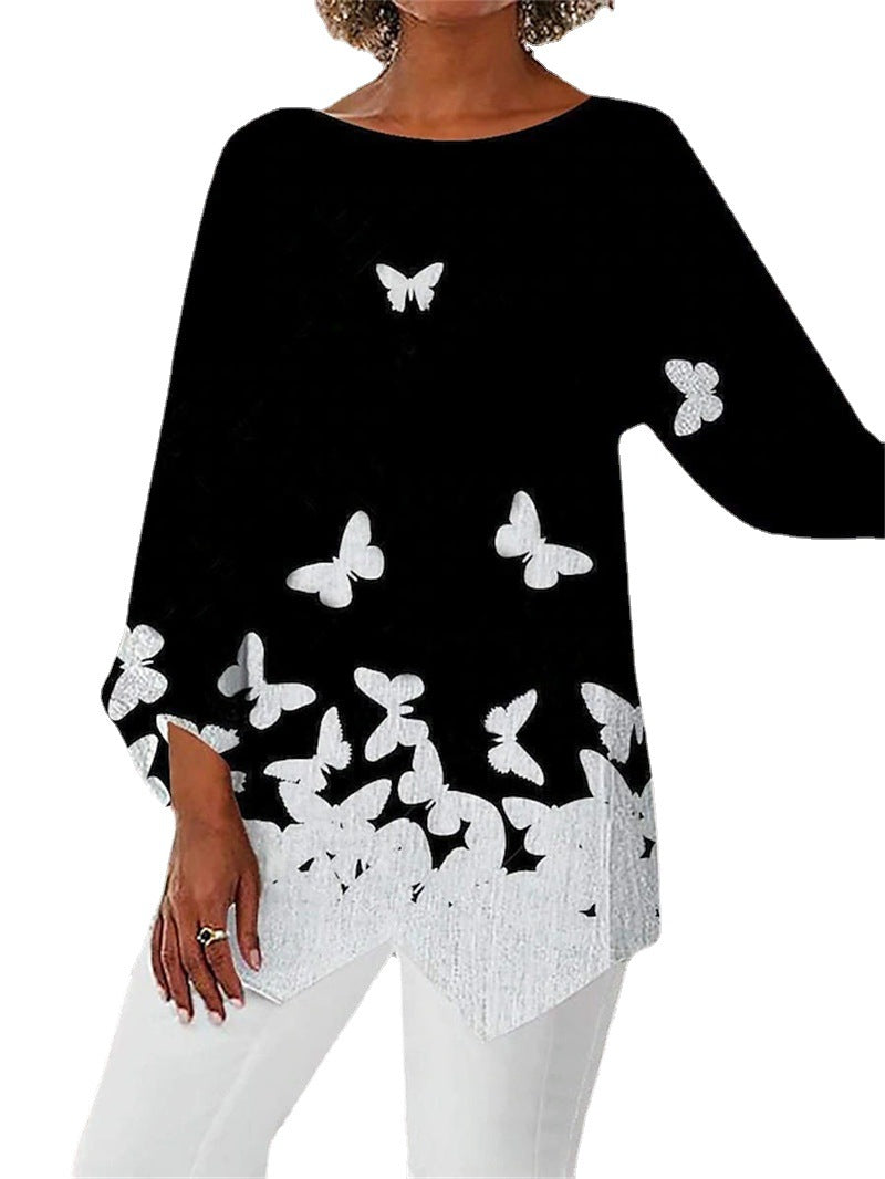 Geometric Printed Long Sleeve Patchwork Round Blouses