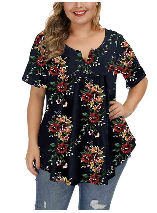 Women's Stylish Graceful V-neck Buttons Printed Blouses