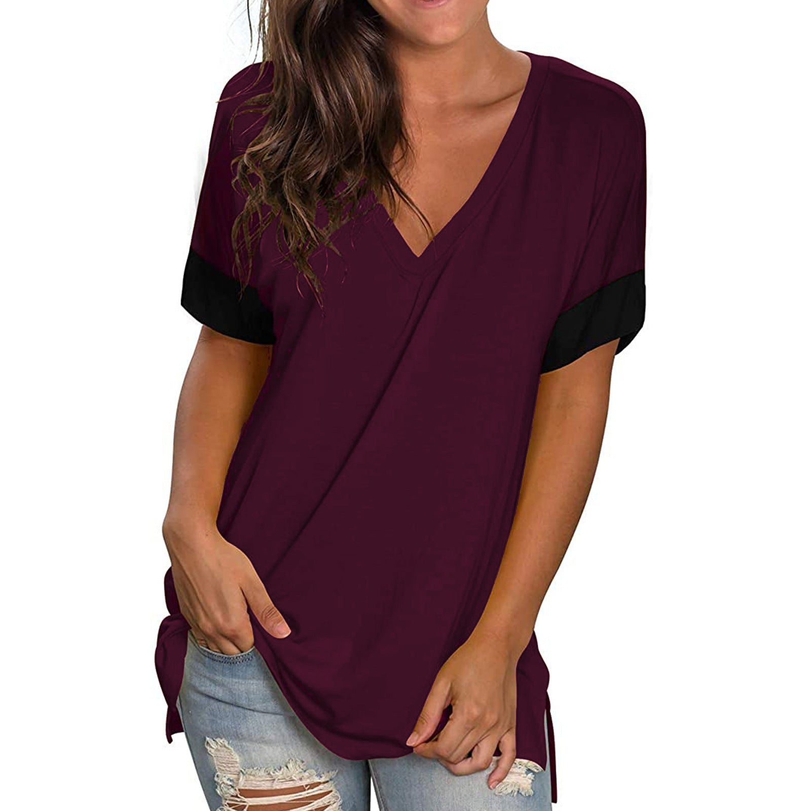 Women's Solid Color V-neck Sleeve Stitching Pullover Bottoming Blouses