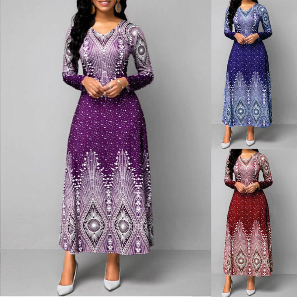 Women's V-neck Vintage Floral Print Long Sleeves Dresses