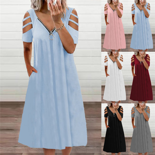 Women's Summer V-neck Sexy Solid Color Zipper Sleeve Dresses