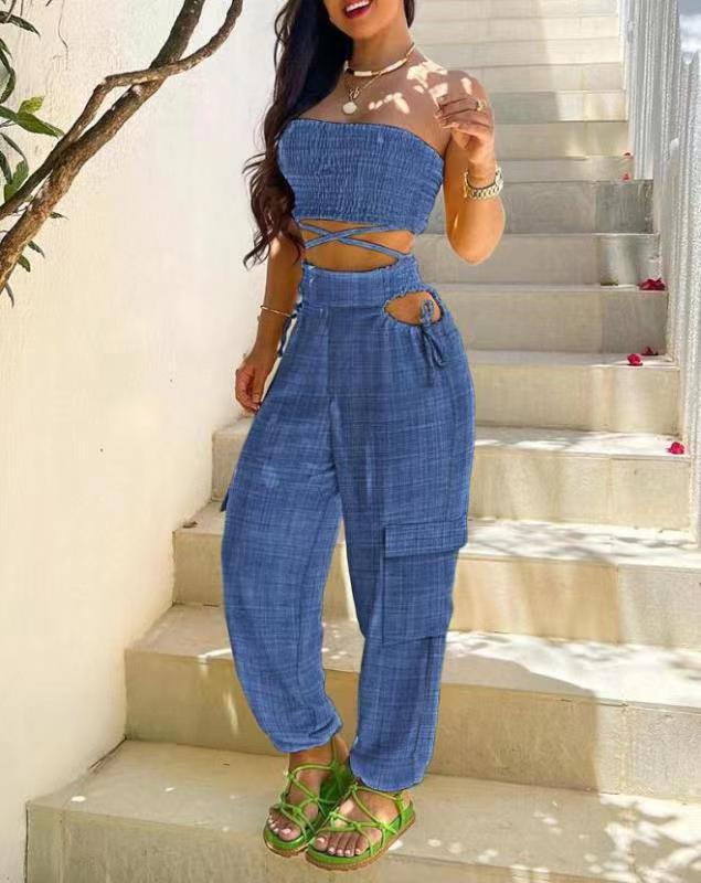 Overalls Pocket Denim Blue Smocking Midriff Suits