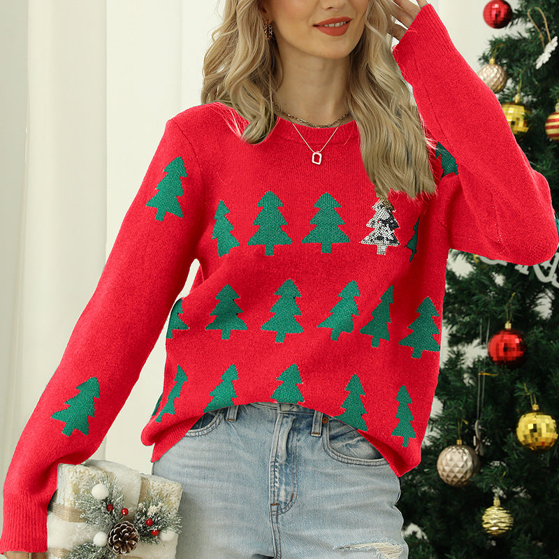 Women's Christmas Knitted Long Sleeve Red Pullover Sweaters