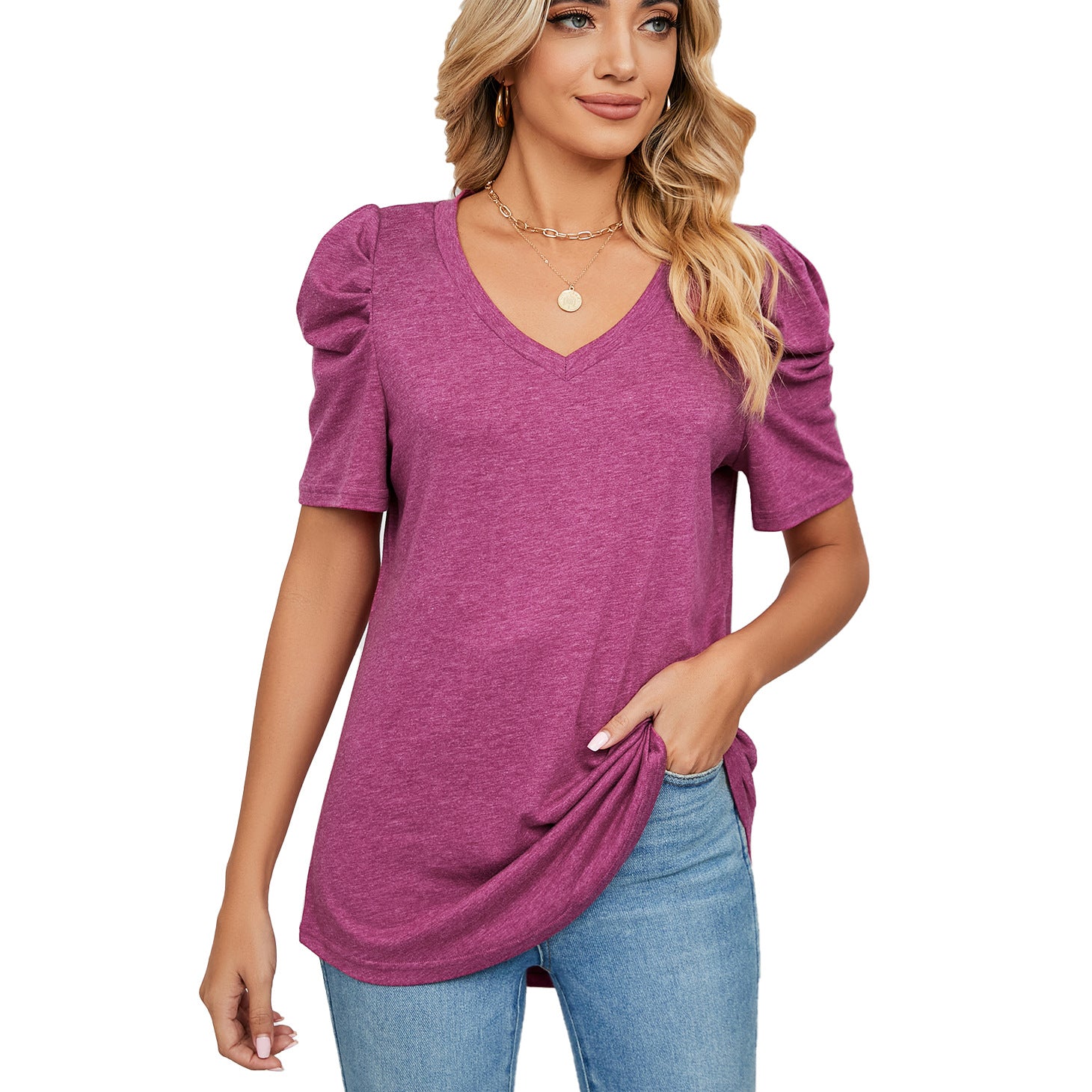 Summer Solid Color V-neck Loose Pleated Blouses