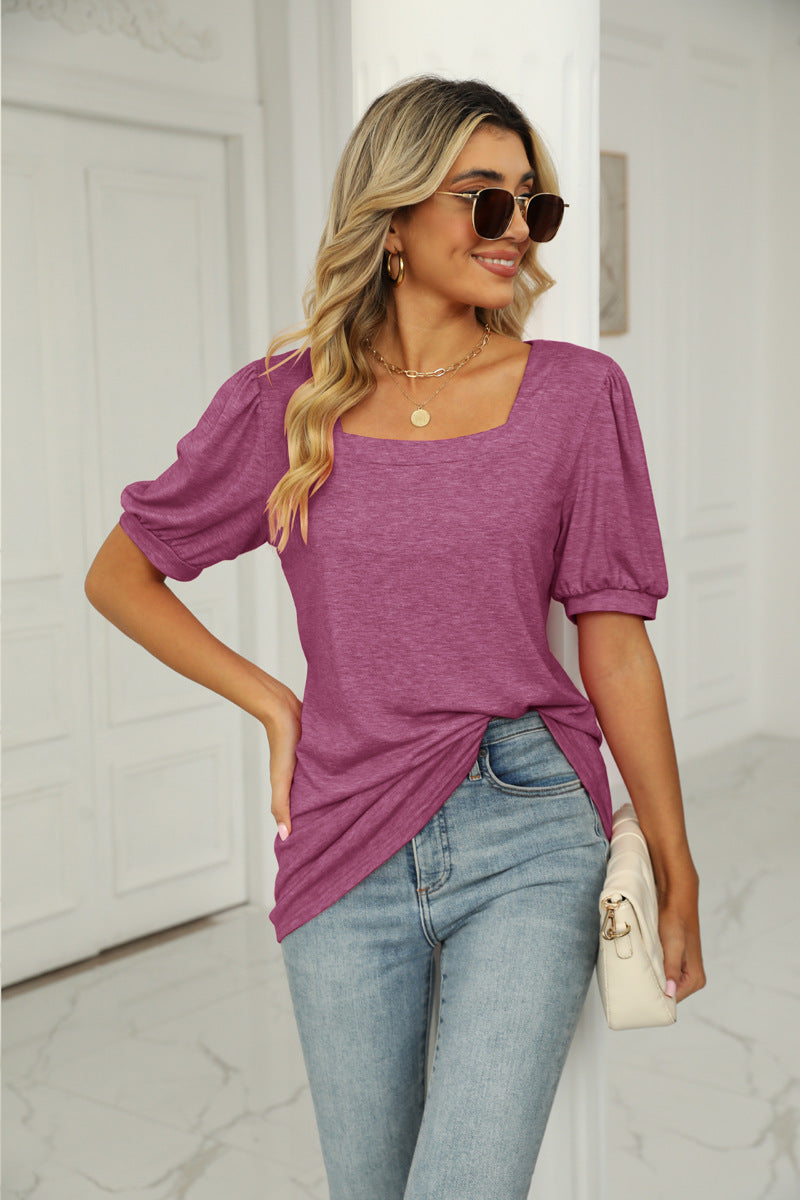 Women's Solid Color Square Collar Pleated Sleeve Blouses