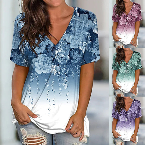 Women's Summer Floral Print Short-sleeved V-neck Blouses